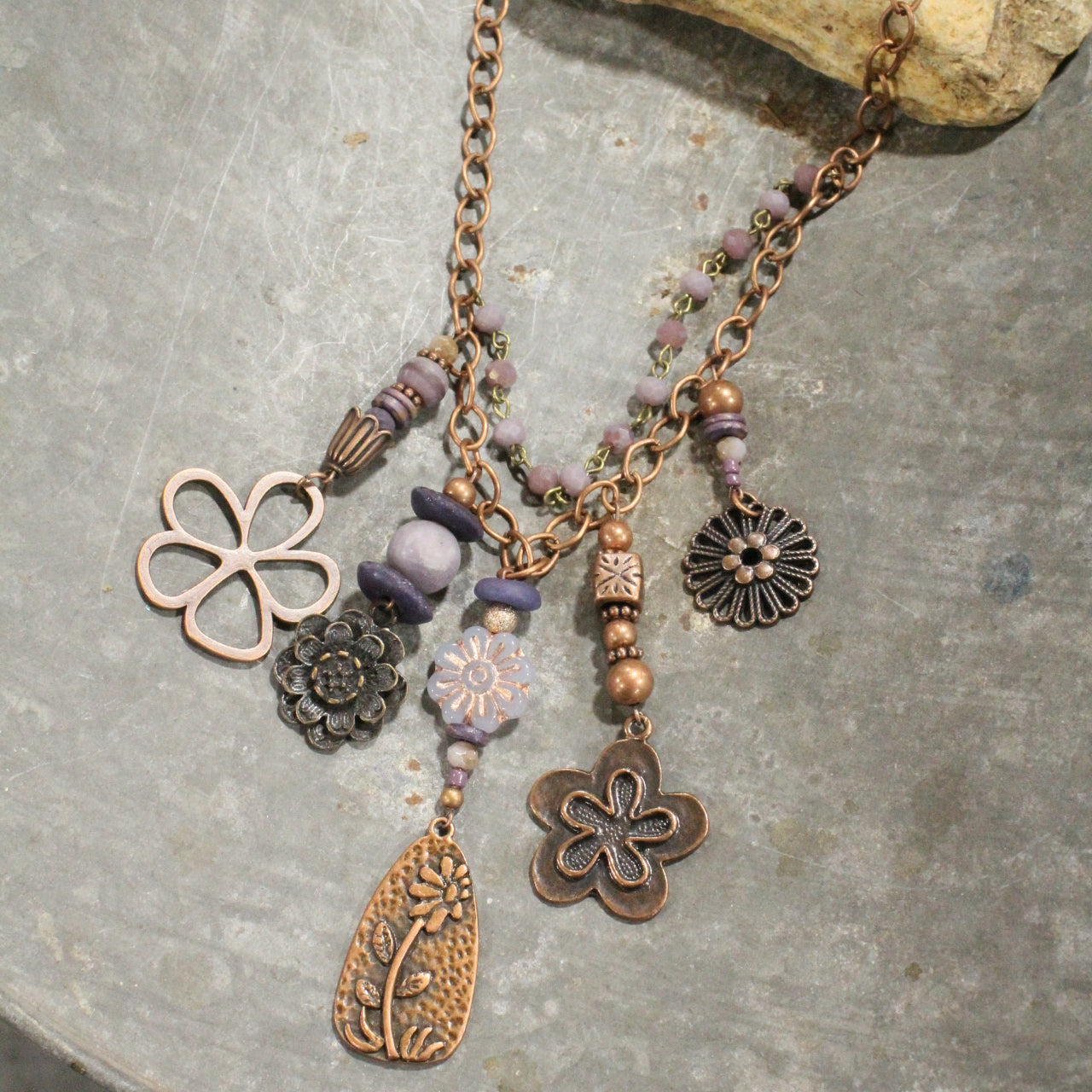 Lilac Czech Flower & Copper Charmed Layered Necklace