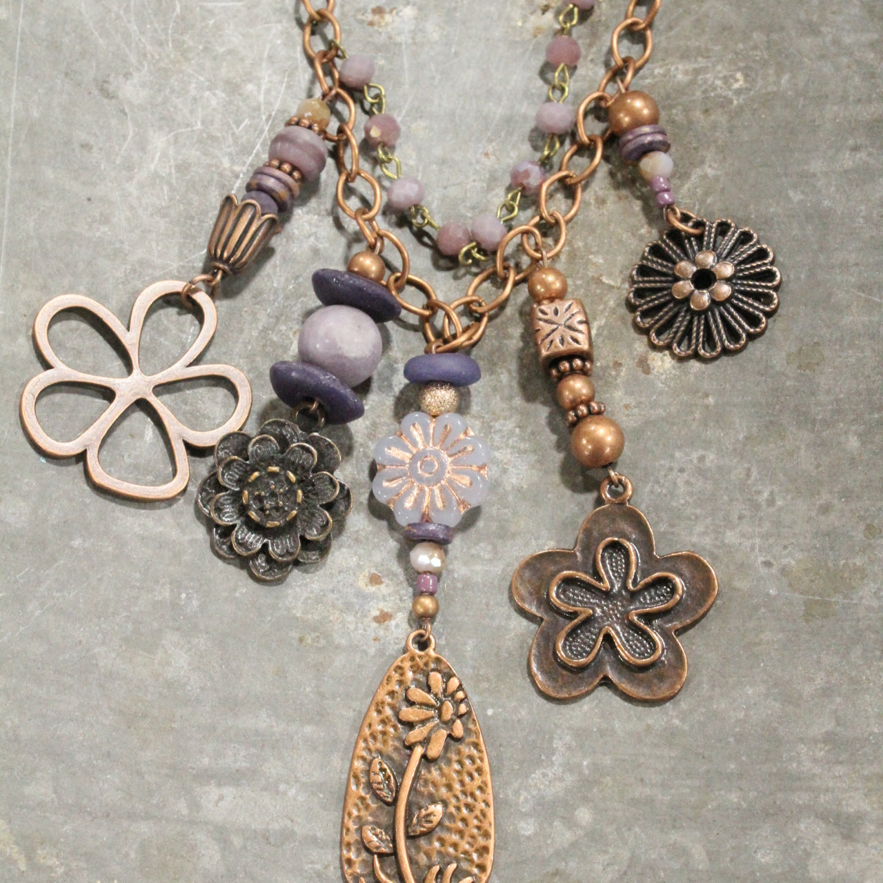 Lilac Czech Flower & Copper Charmed Layered Necklace