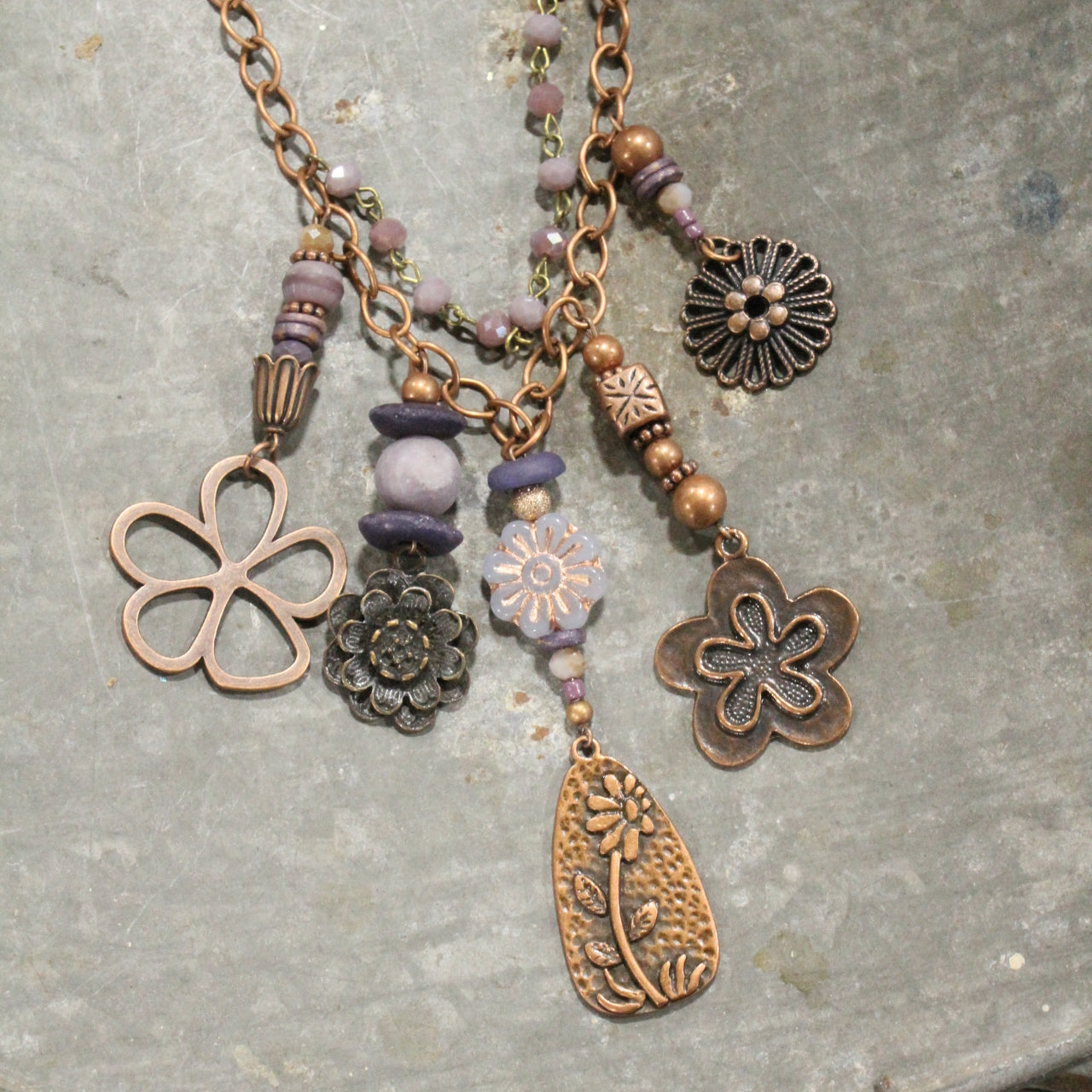 Lilac Czech Flower & Copper Charmed Layered Necklace