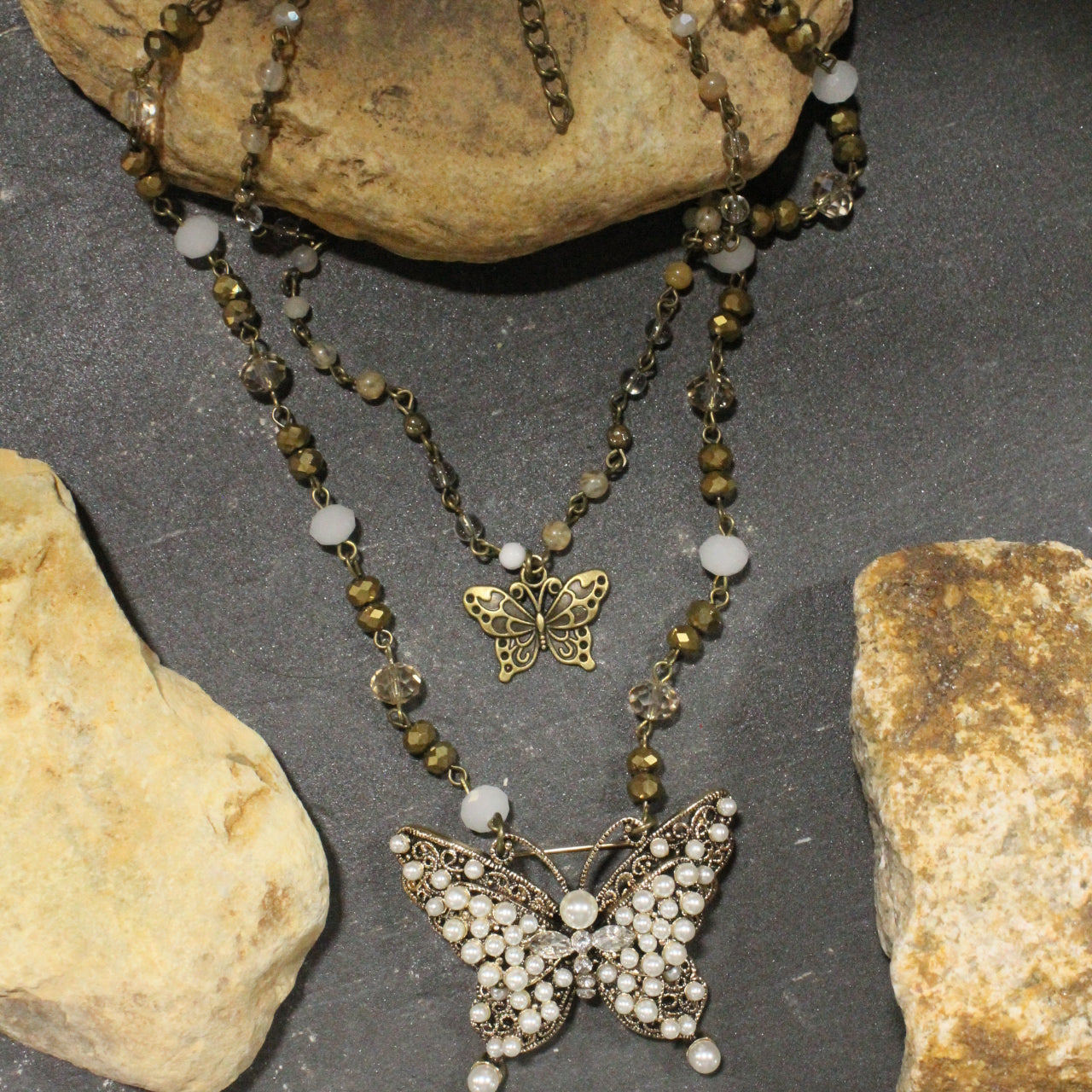 Just Golden Pearl Butterfly Layered Necklace