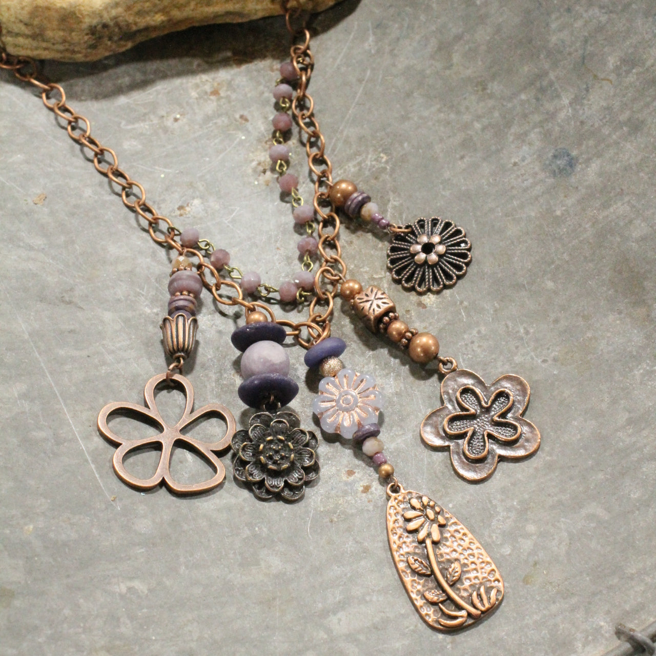 Lilac Czech Flower & Copper Charmed Layered Necklace