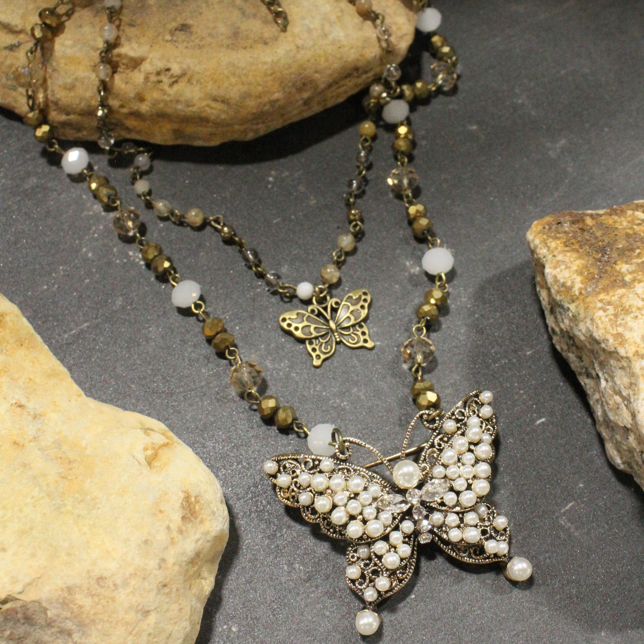 Just Golden Pearl Butterfly Layered Necklace