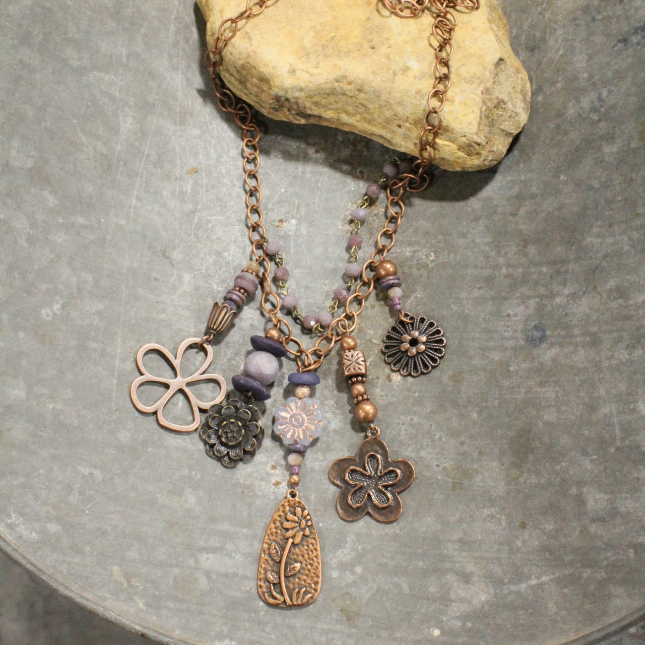 Lilac Czech Flower & Copper Charmed Layered Necklace