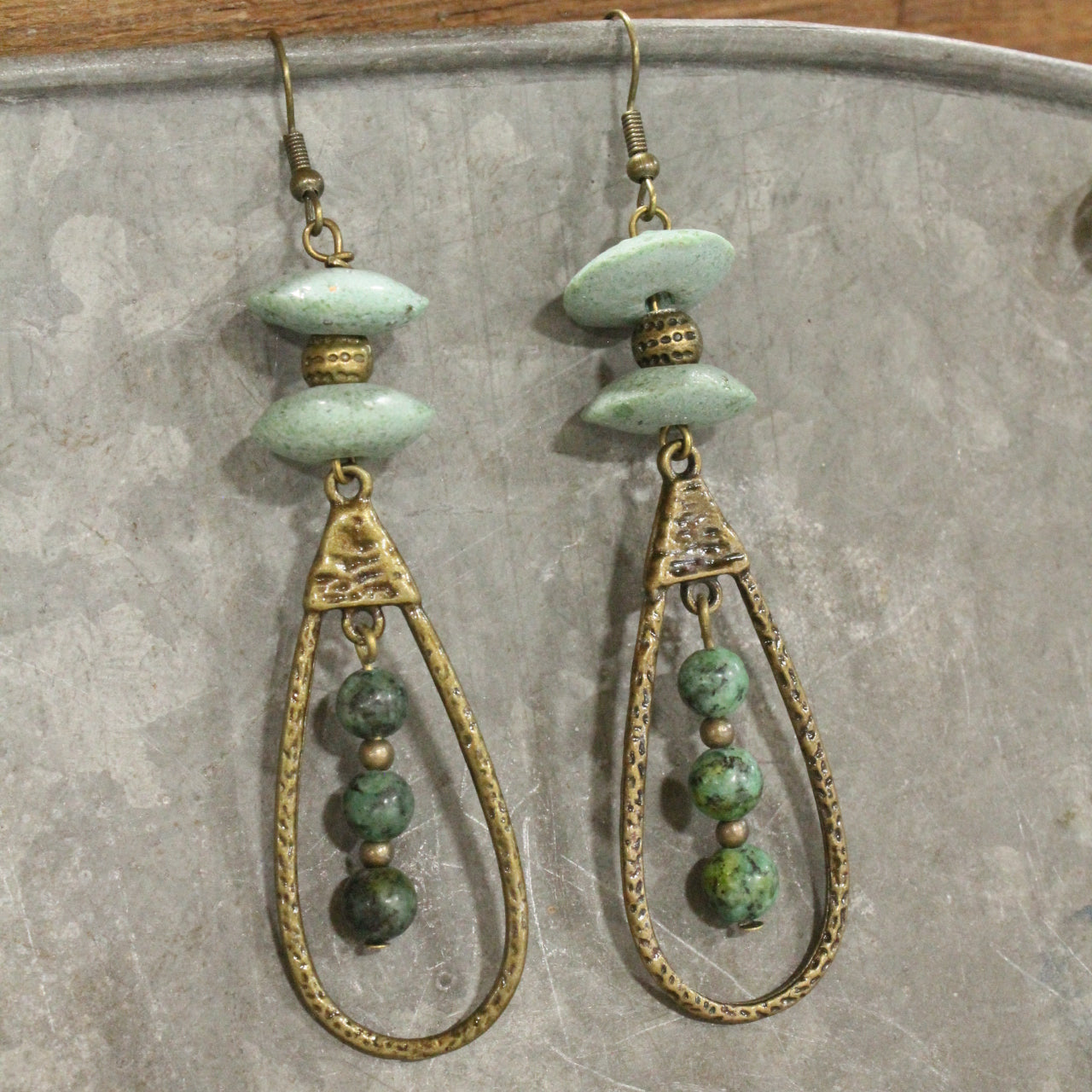 Bronze Teardrop & Jasper Beaded Dangle Earrings