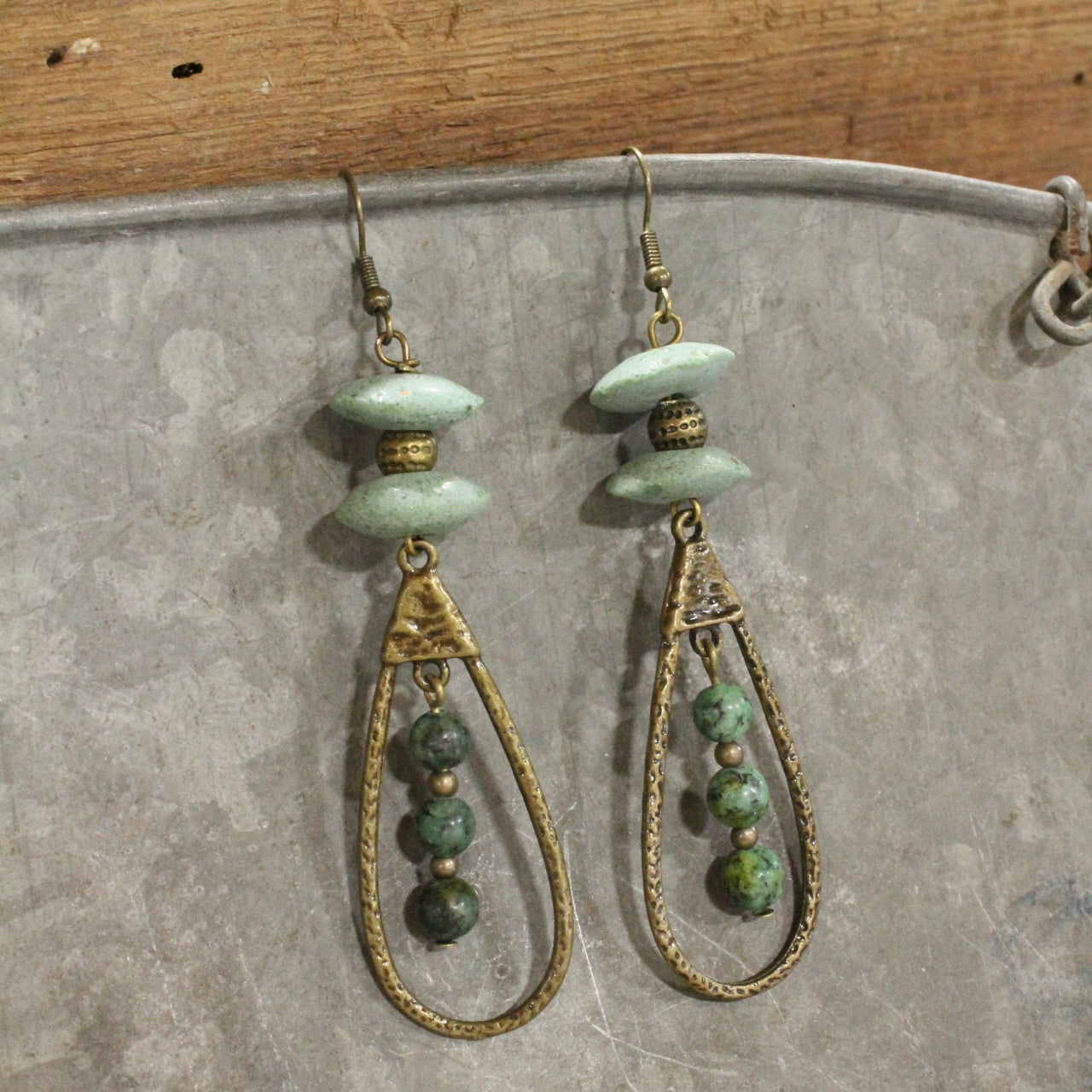 Bronze Teardrop & Jasper Beaded Dangle Earrings