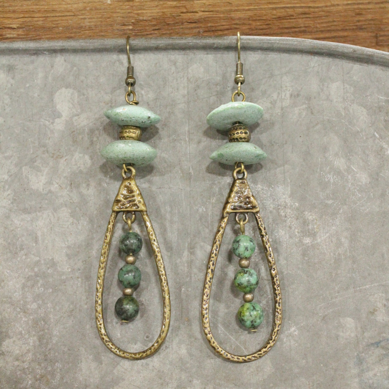 Bronze Teardrop & Jasper Beaded Dangle Earrings