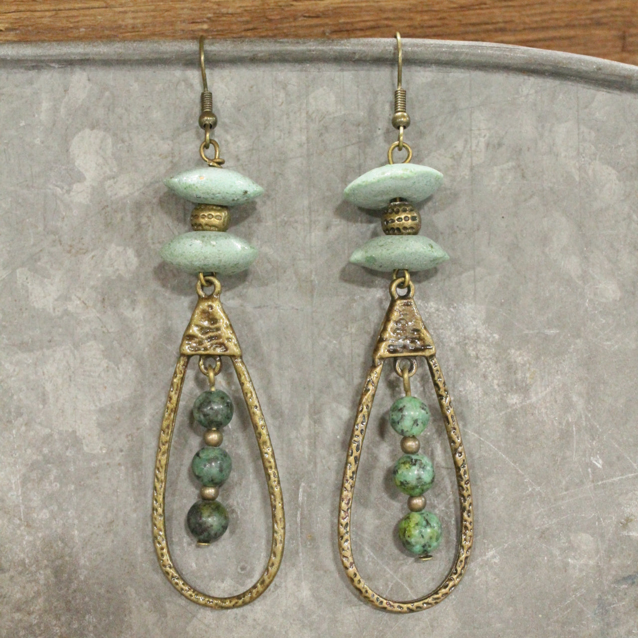 Bronze Teardrop & Jasper Beaded Dangle Earrings