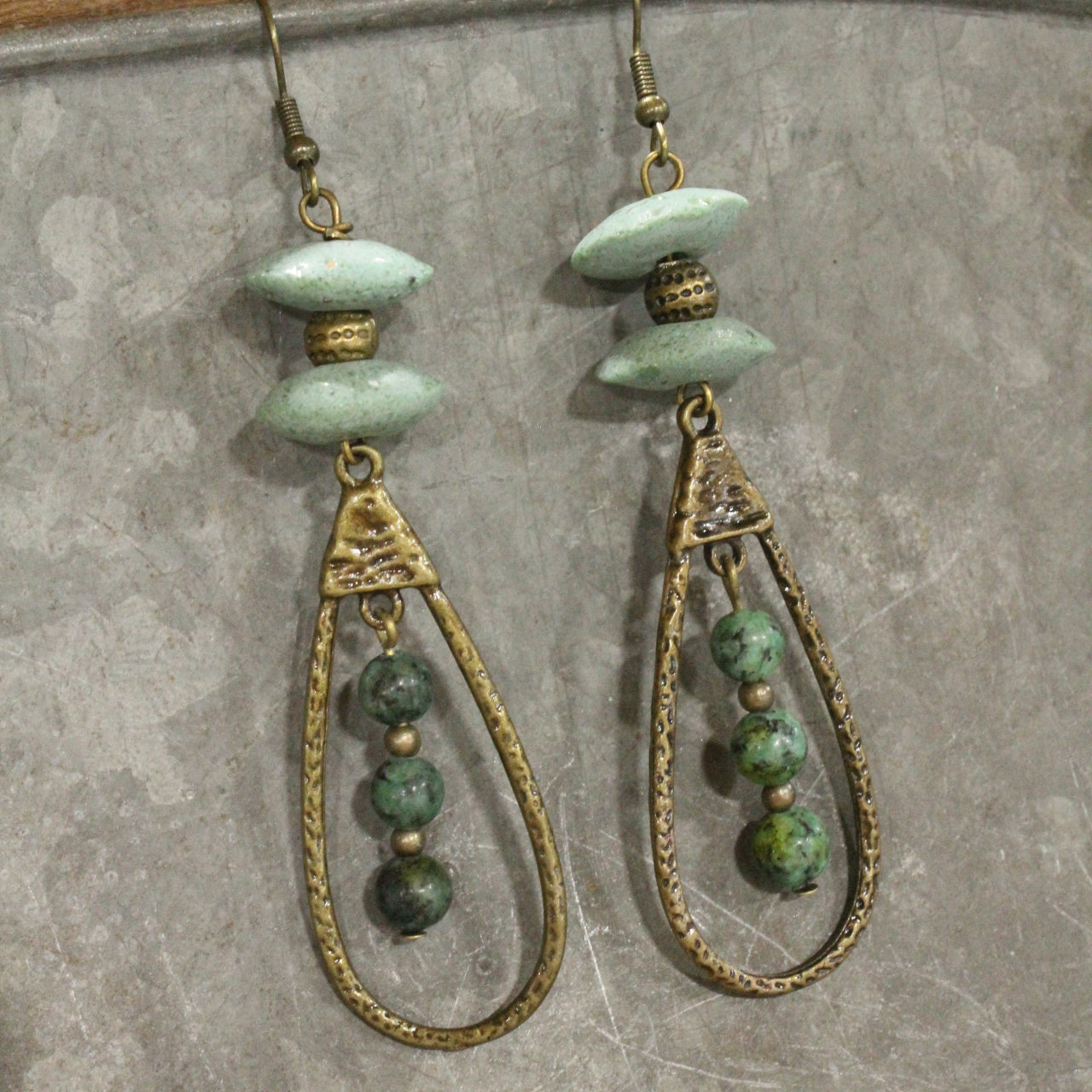 Bronze Teardrop & Jasper Beaded Dangle Earrings