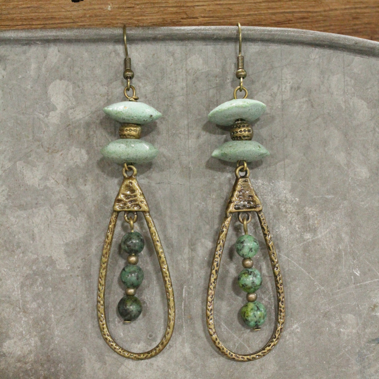 Bronze Teardrop & Jasper Beaded Dangle Earrings