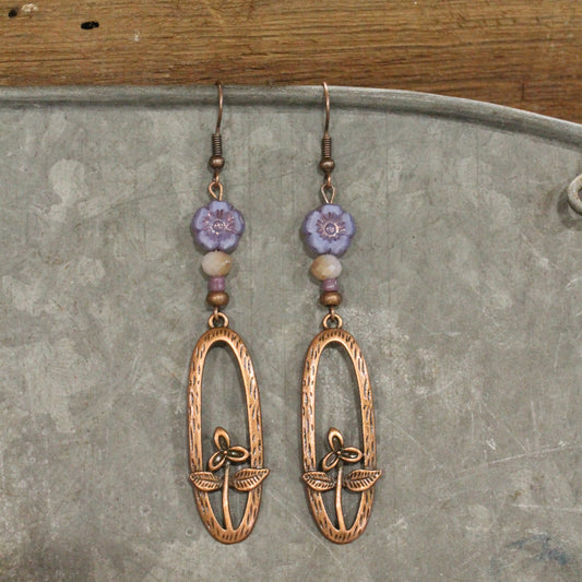 Lilac Czech Flower & Copper Dangle Earrings