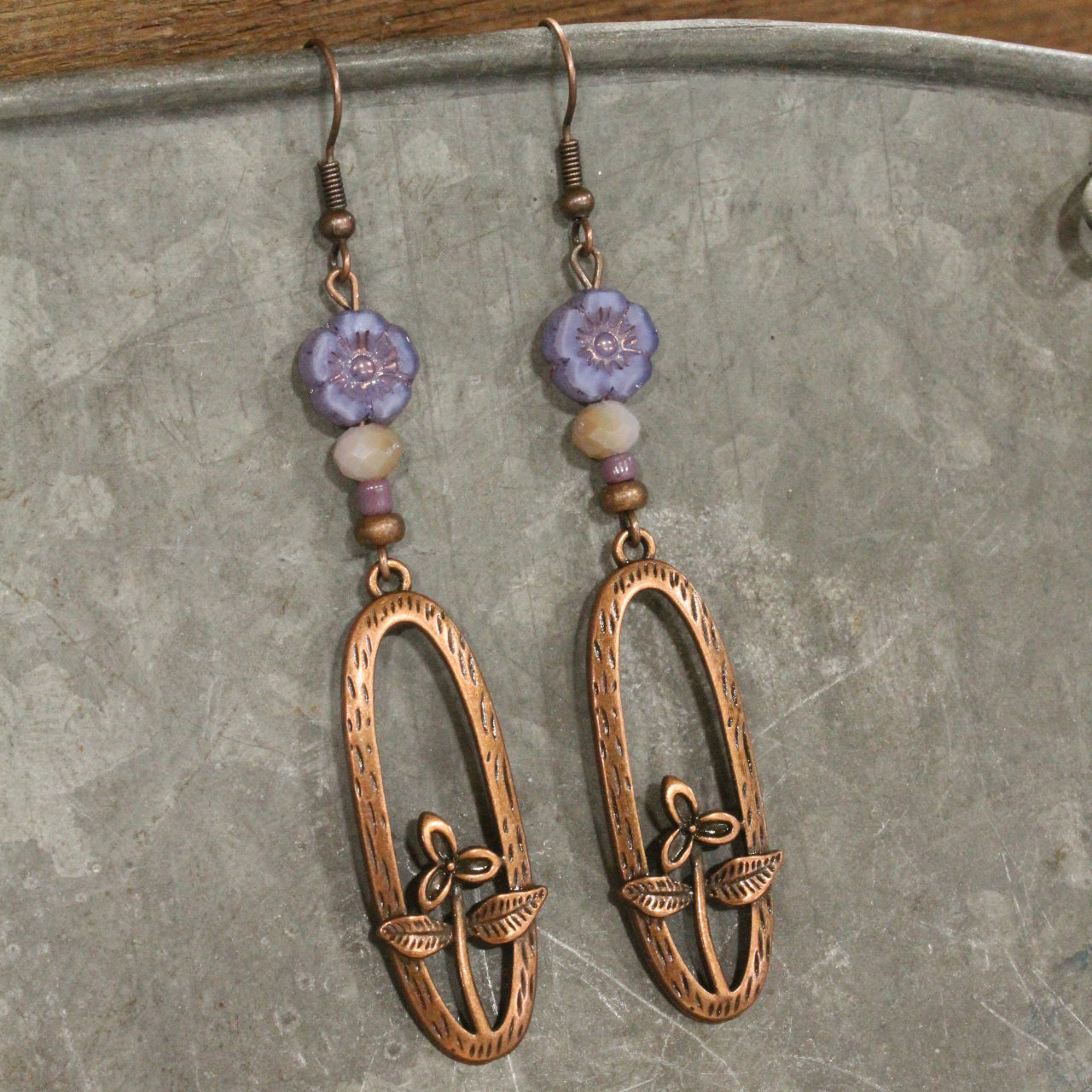 Lilac Czech Flower & Copper Dangle Earrings