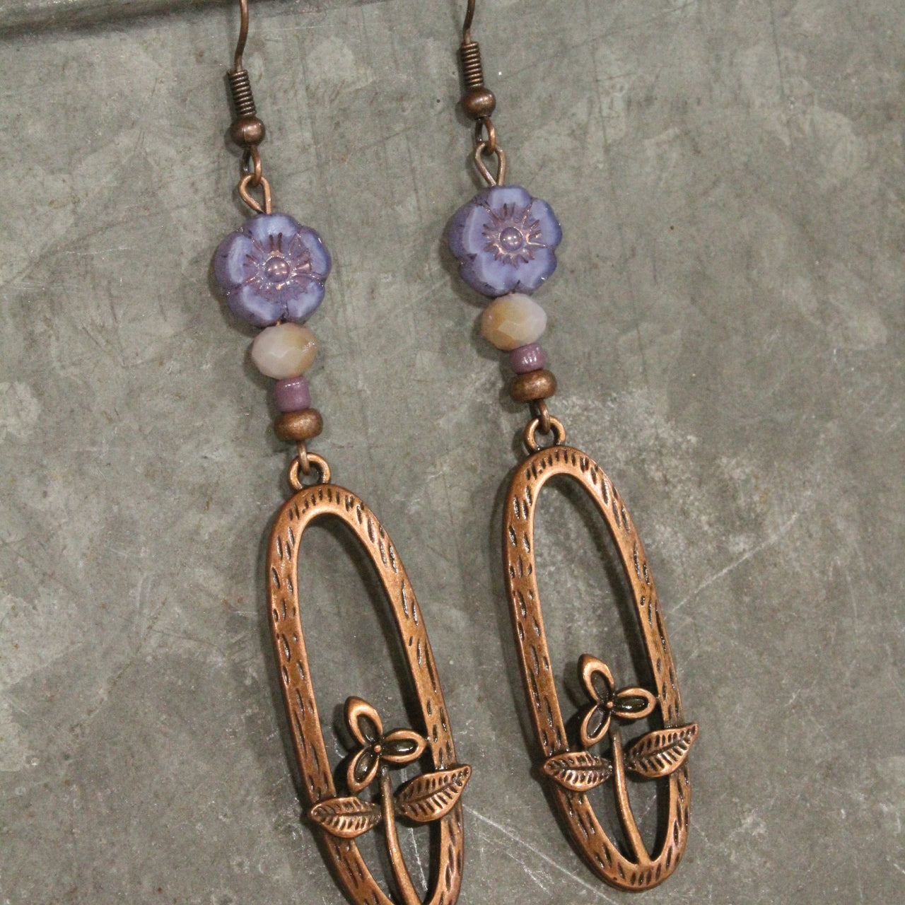 Lilac Czech Flower & Copper Dangle Earrings