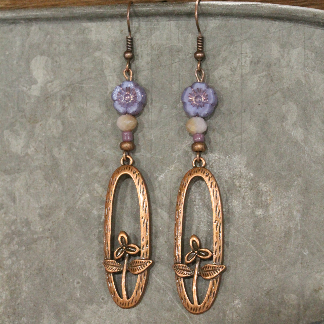 Lilac Czech Flower & Copper Dangle Earrings