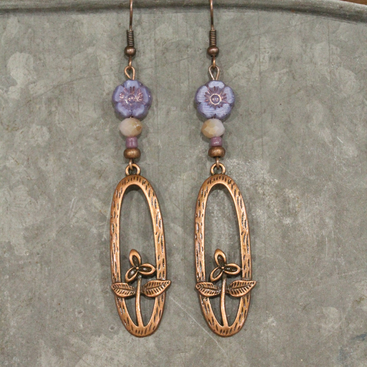 Lilac Czech Flower & Copper Dangle Earrings