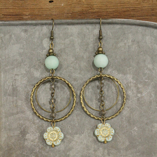 Natural Quartz, Glass & Czech Bead Hoop Earrings