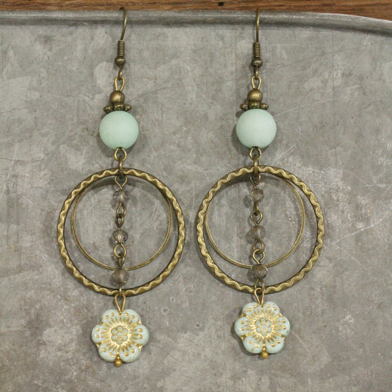 Natural Quartz, Glass & Czech Bead Hoop Earrings