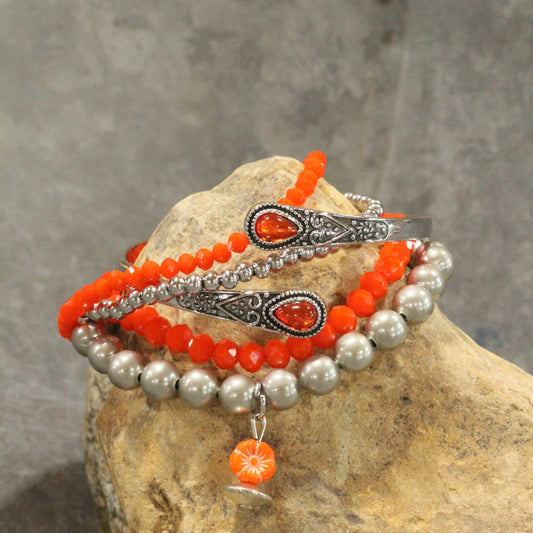 Orange Flower Stretch & Bangle Bracelet Set