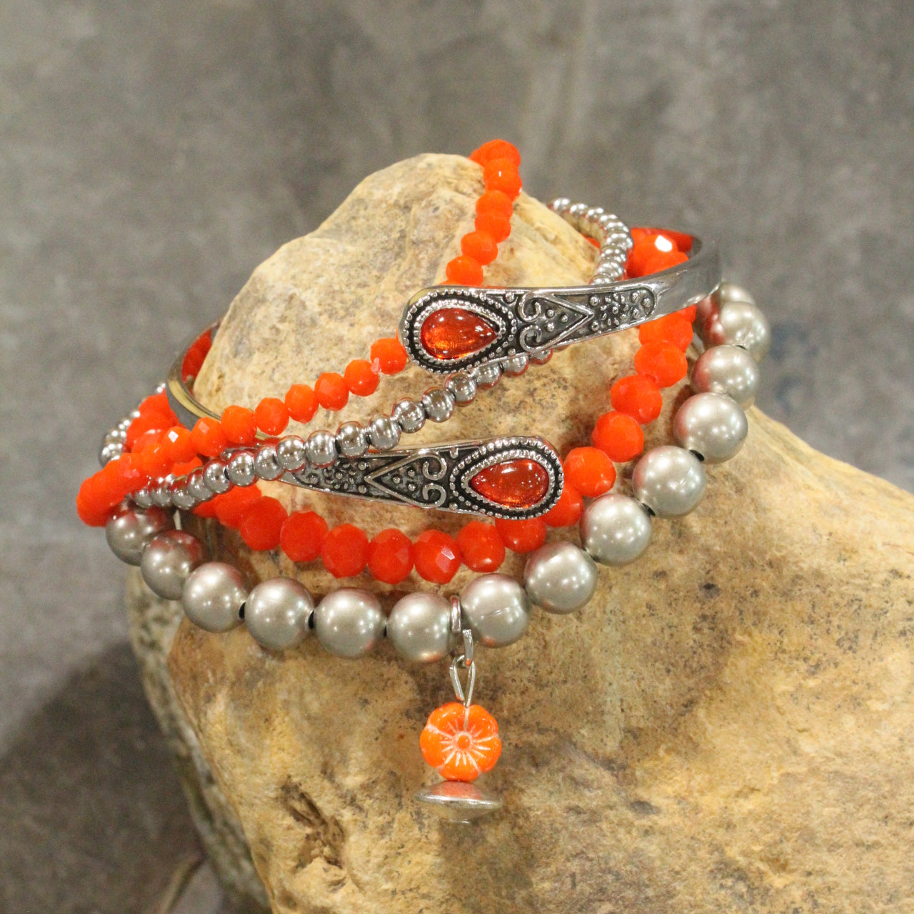 Orange Flower Stretch & Bangle Bracelet Set