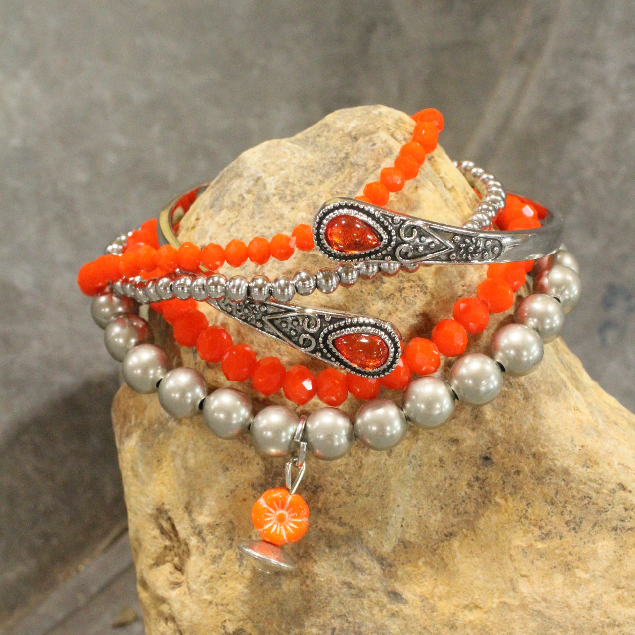 Orange Flower Stretch & Bangle Bracelet Set