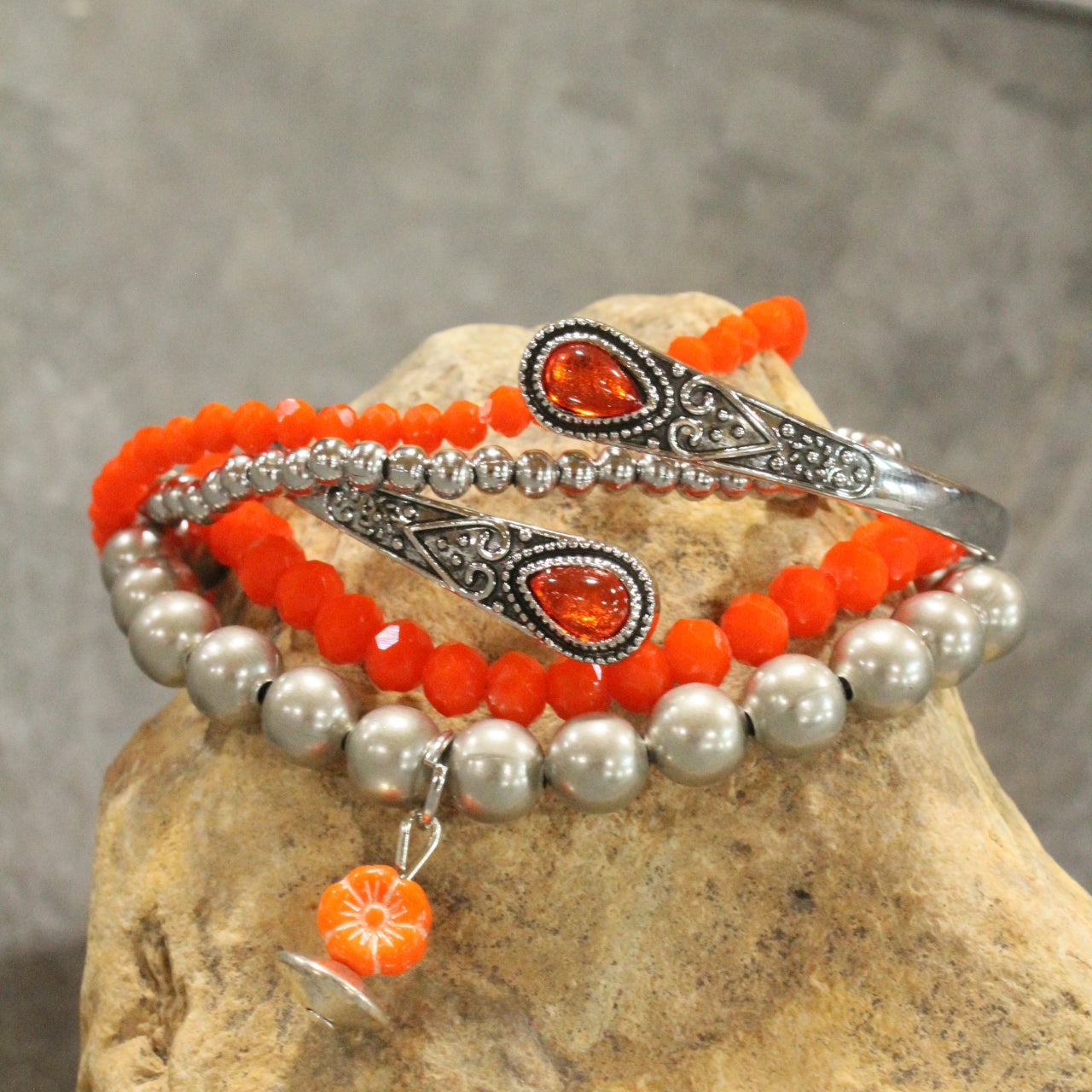 Orange Flower Stretch & Bangle Bracelet Set