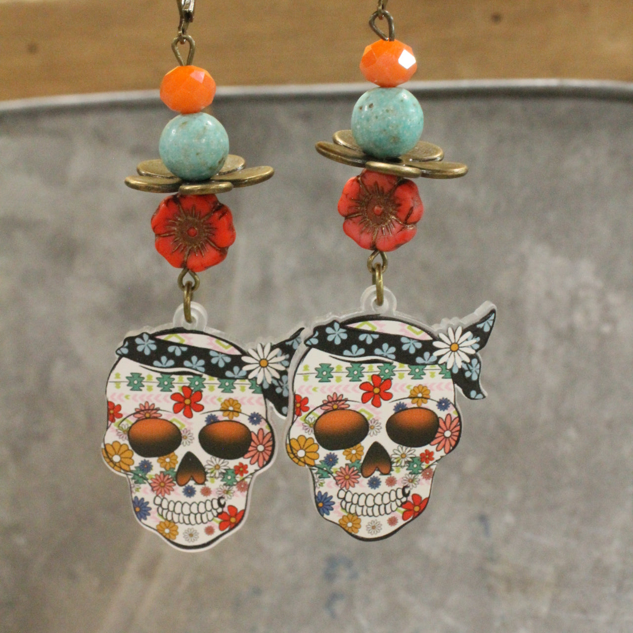 Skulls & Daisies Dangle Drop Earrings