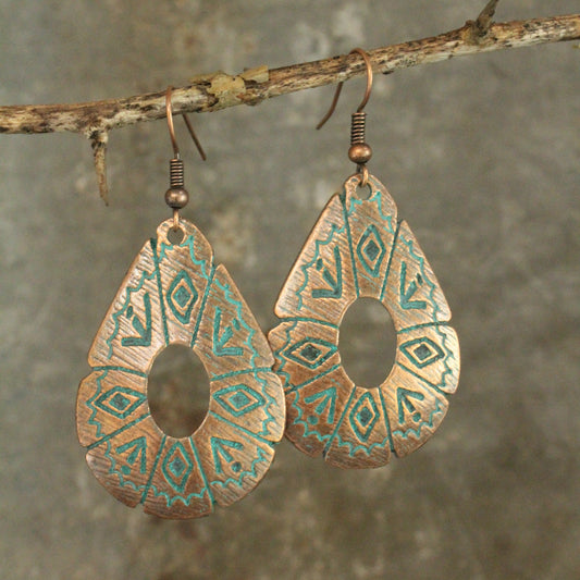 Verdigris Gypsy Aztec Copper Dangle Earrings