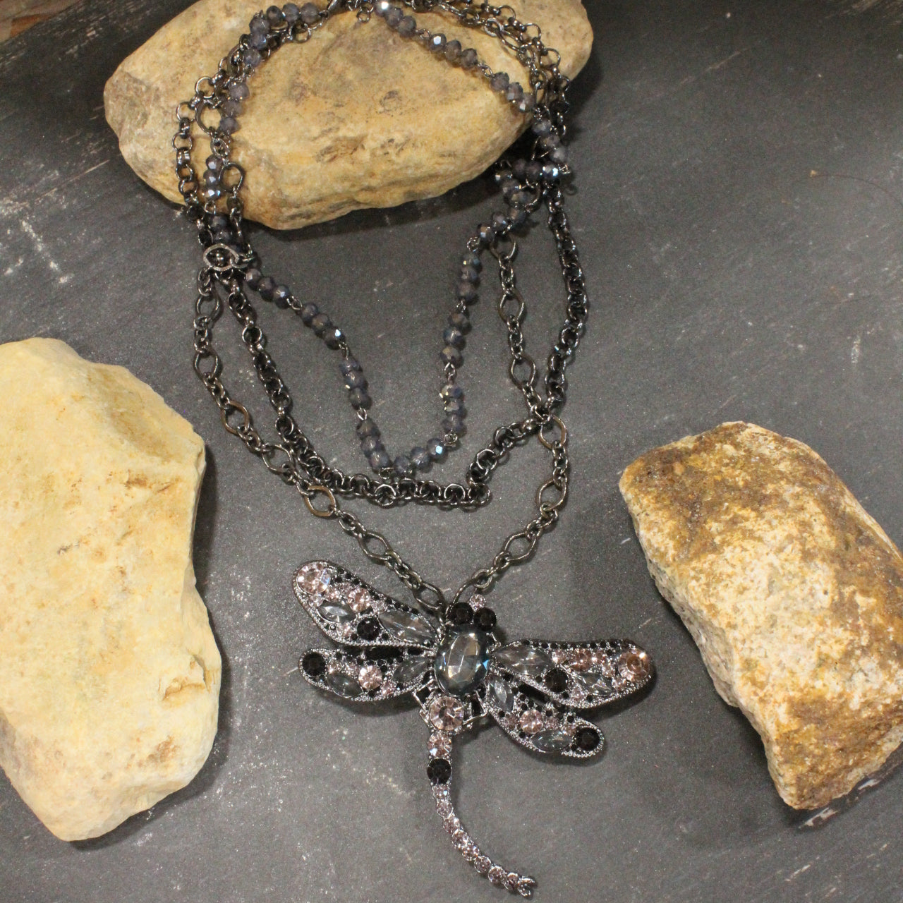 Gliding Gunmetal Dragonfly Layered Necklace