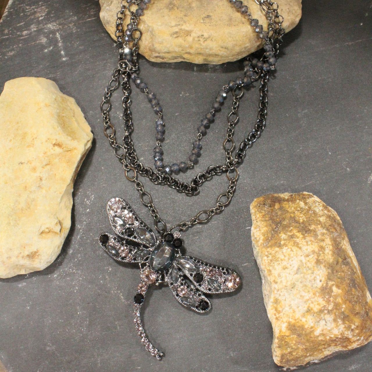 Gliding Gunmetal Dragonfly Layered Necklace