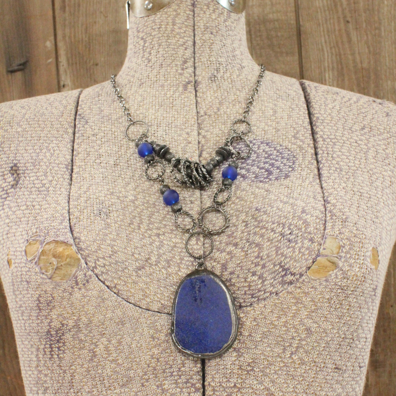 Gunmetal & Lapis Blue Layered Stone Pendant Necklace