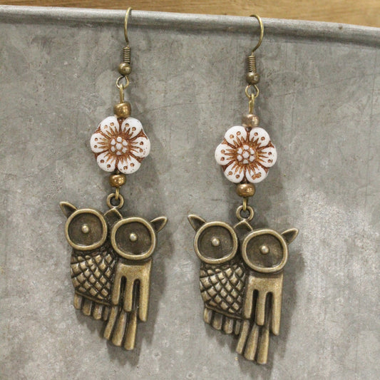 Quirky Owl & Flower Dangle Drop Earrings
