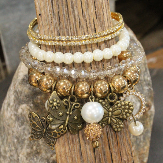 Just Golden Pearl Butterfly Bracelet Set