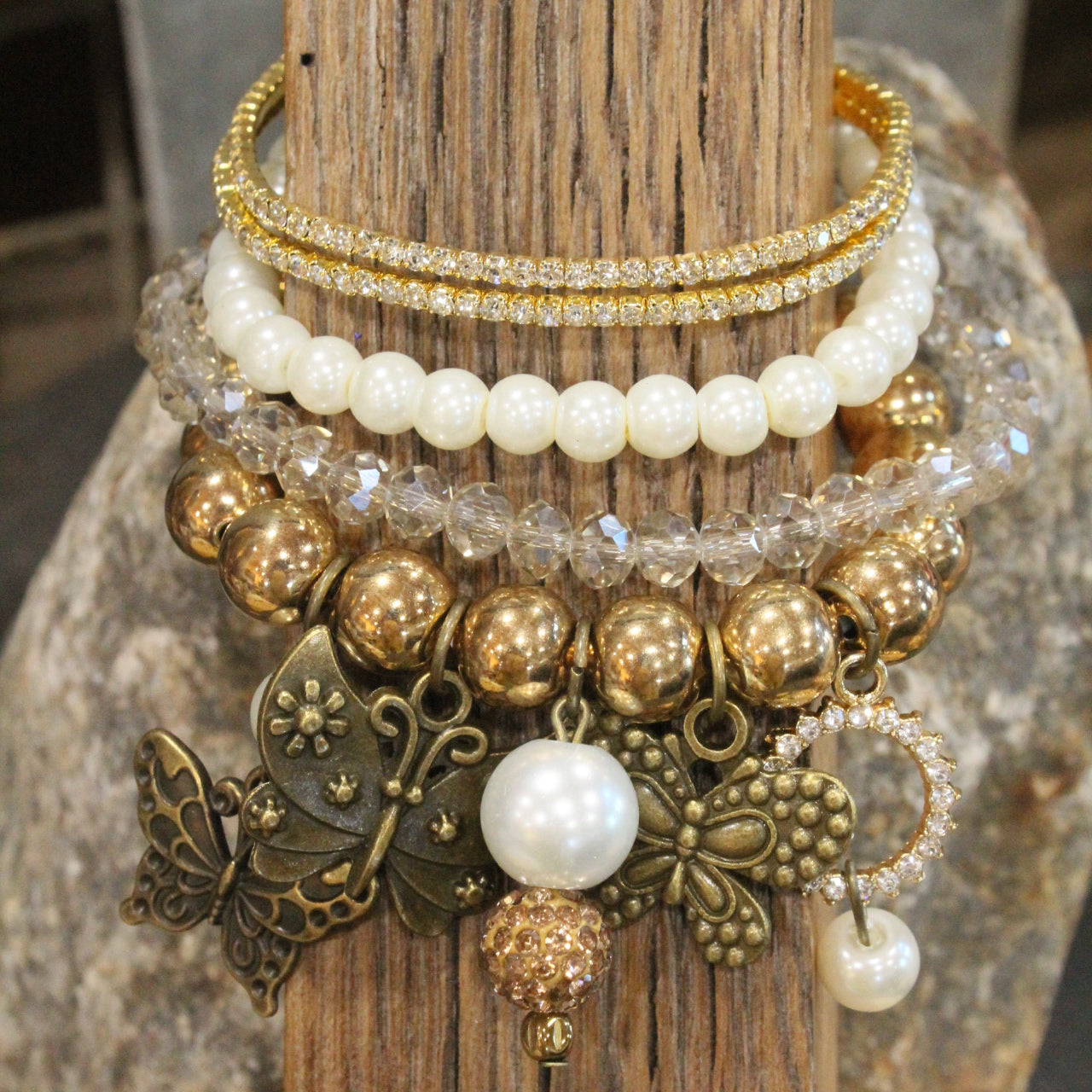 Just Golden Pearl Butterfly Bracelet Set