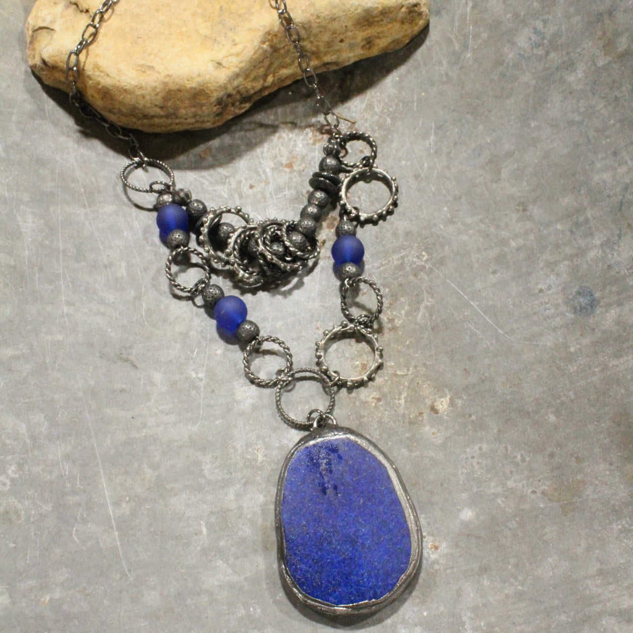 Gunmetal & Lapis Blue Layered Stone Pendant Necklace