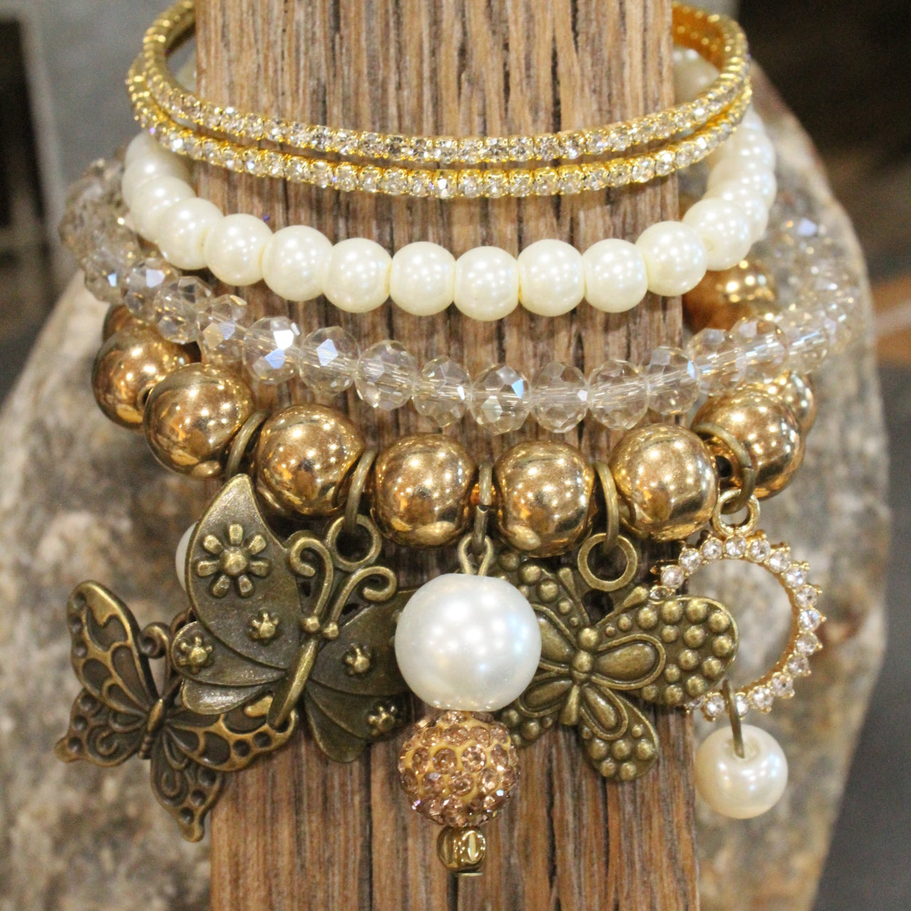 Just Golden Pearl Butterfly Bracelet Set