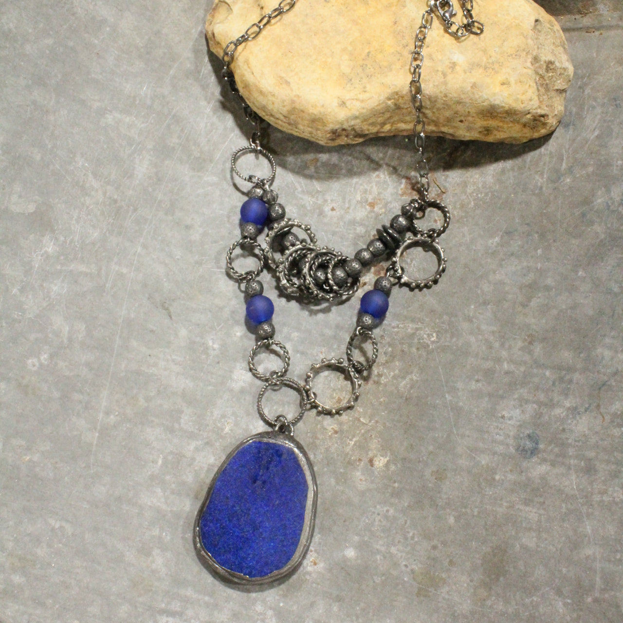 Gunmetal & Lapis Blue Layered Stone Pendant Necklace