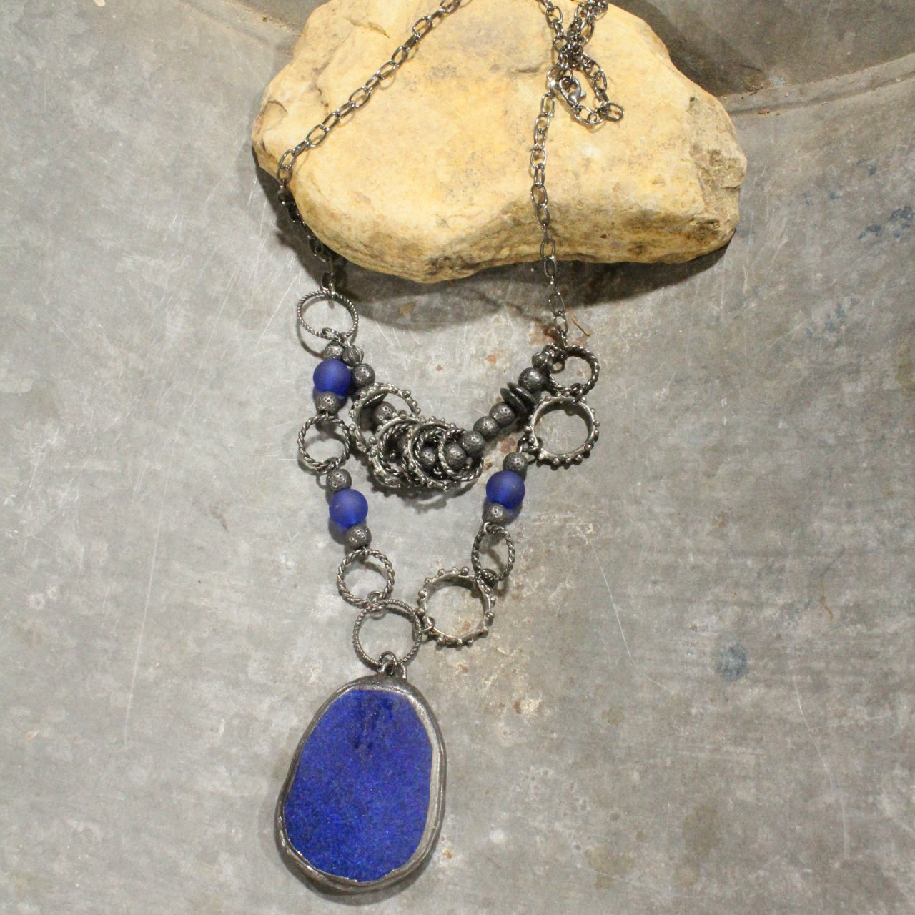 Gunmetal & Lapis Blue Layered Stone Pendant Necklace