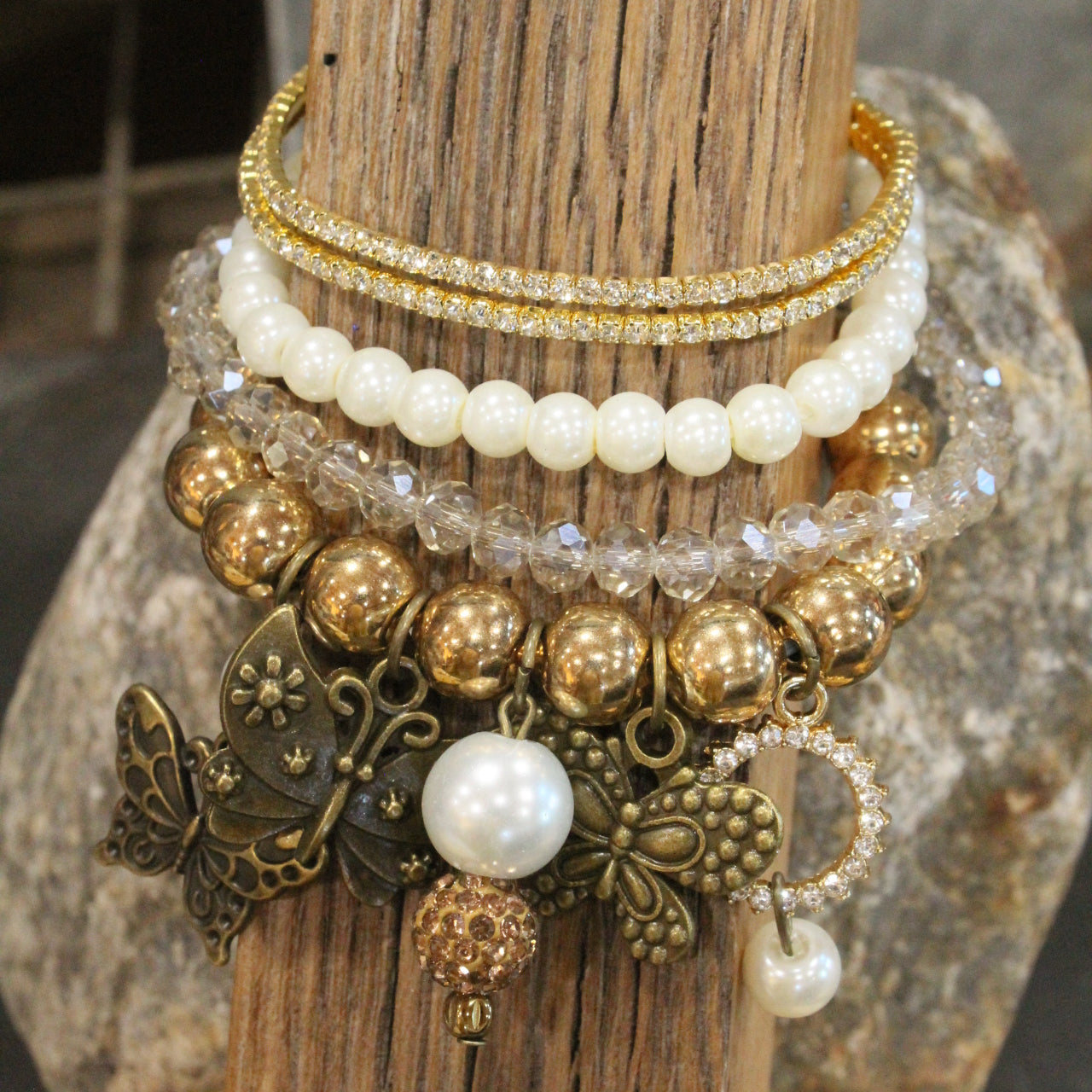 Just Golden Pearl Butterfly Bracelet Set