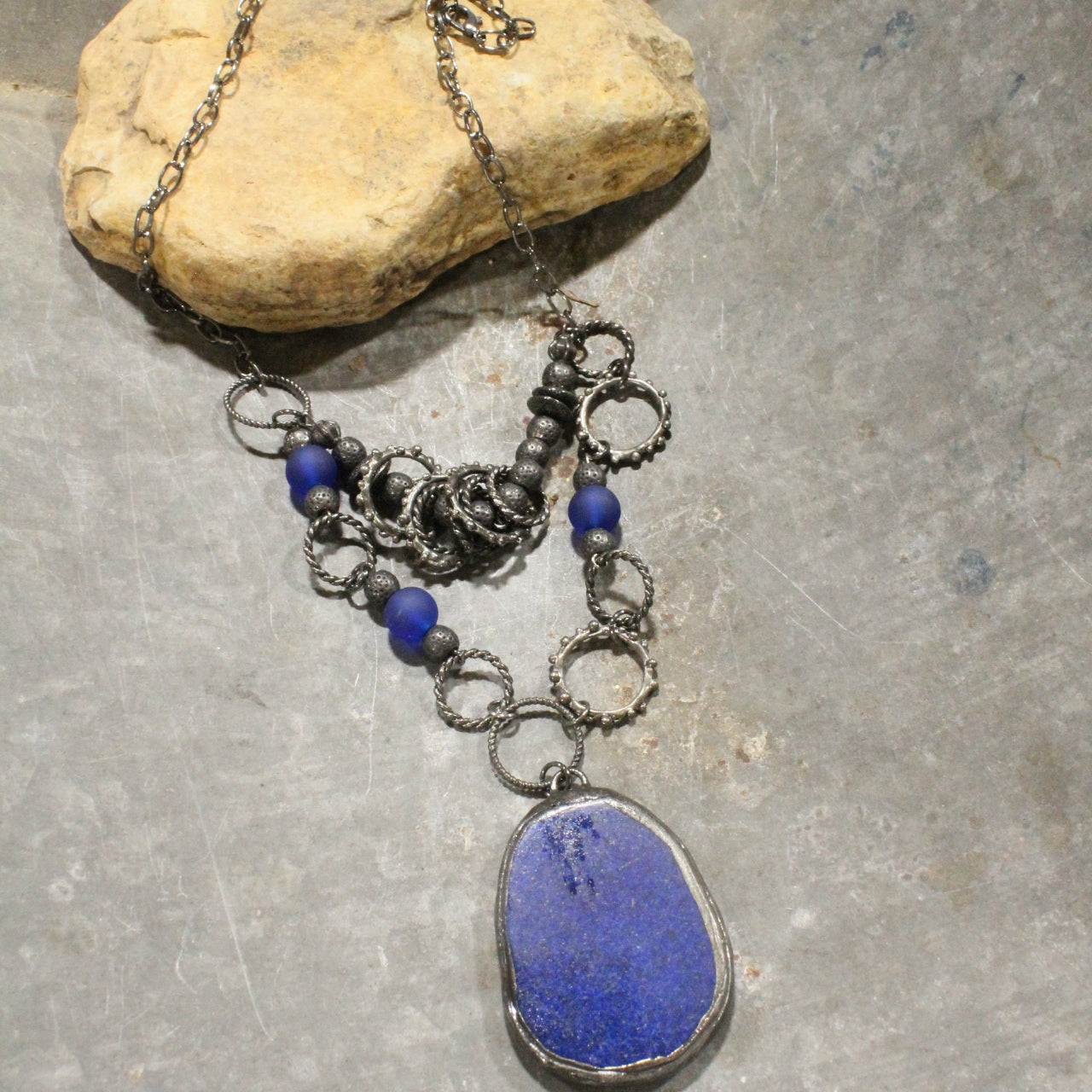 Gunmetal & Lapis Blue Layered Stone Pendant Necklace