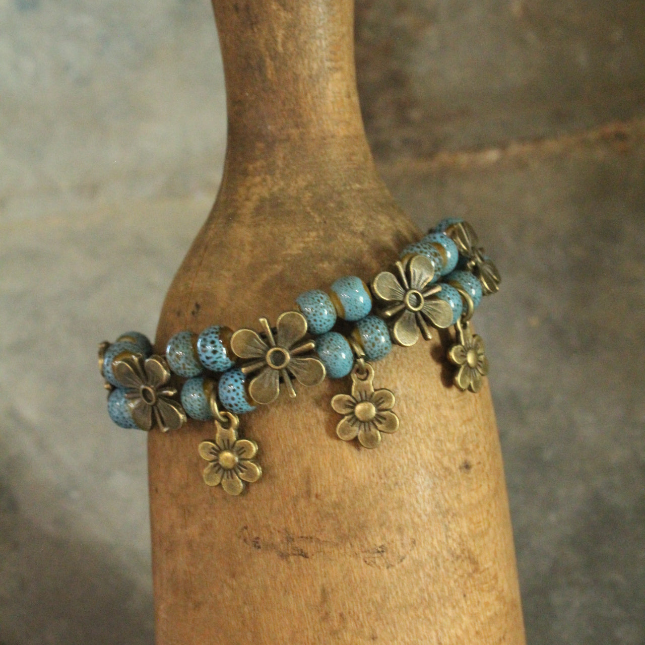 Ancient Ways Boho Denim Blue Ceramic Glazed Flower Bracelet