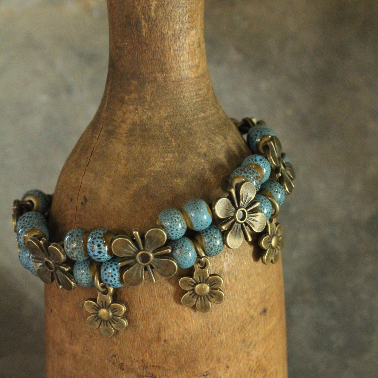 Ancient Ways Boho Denim Blue Ceramic Glazed Flower Bracelet