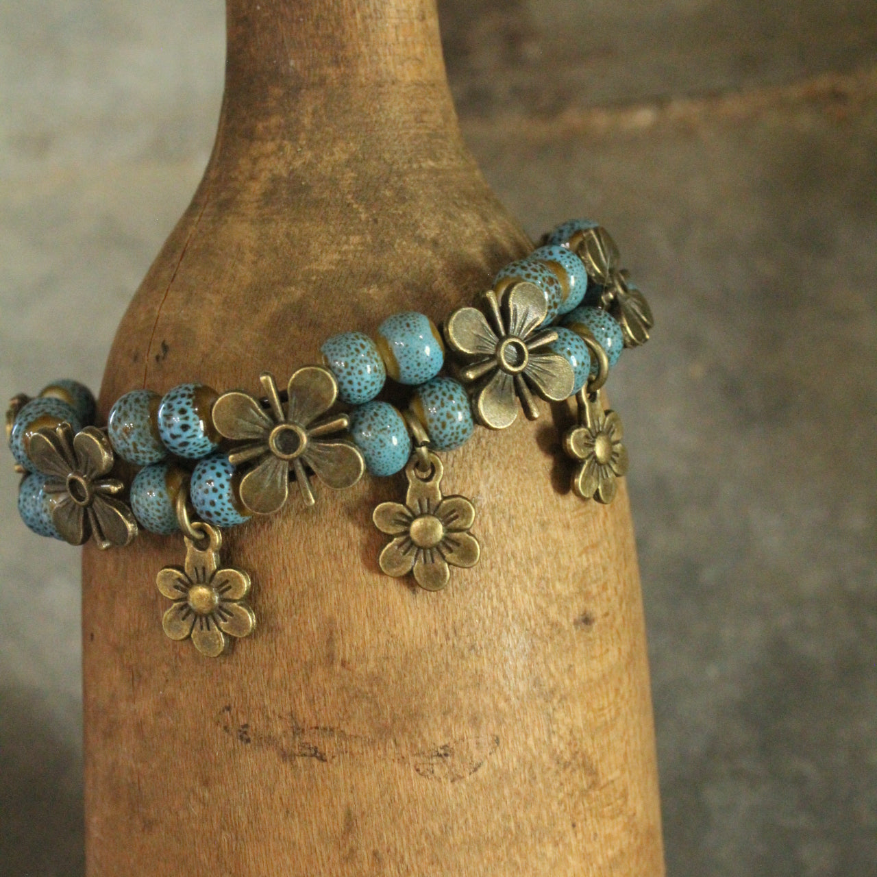 Ancient Ways Boho Denim Blue Ceramic Glazed Flower Bracelet