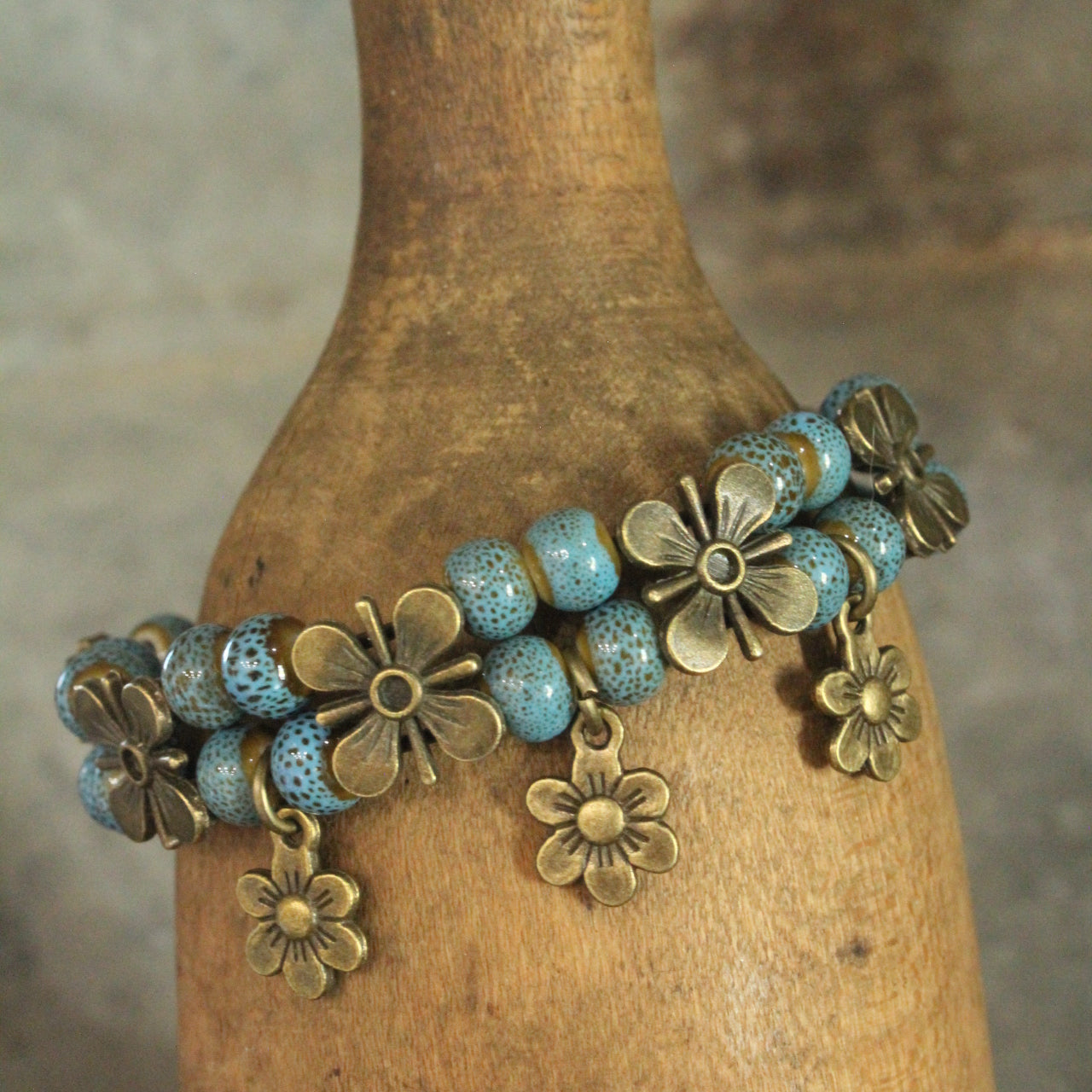 Ancient Ways Boho Denim Blue Ceramic Glazed Flower Bracelet