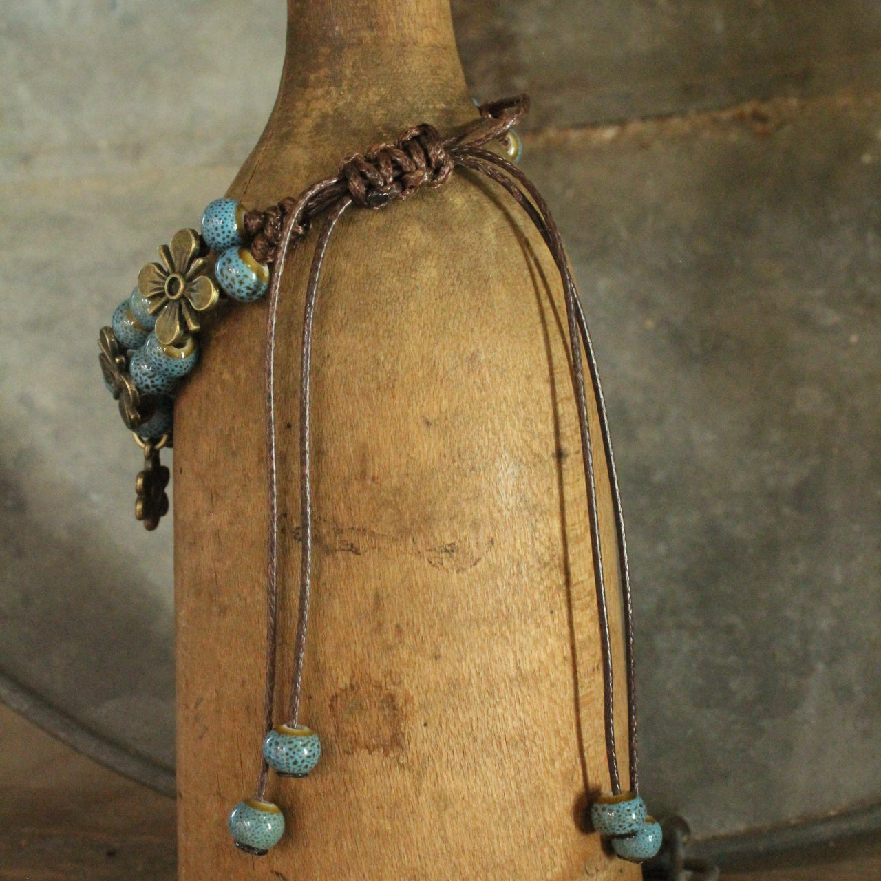 Ancient Ways Boho Denim Blue Ceramic Glazed Flower Bracelet