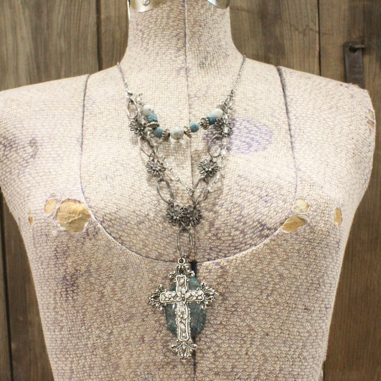 Gunmetal & Jade Stone Cross Layered Necklace