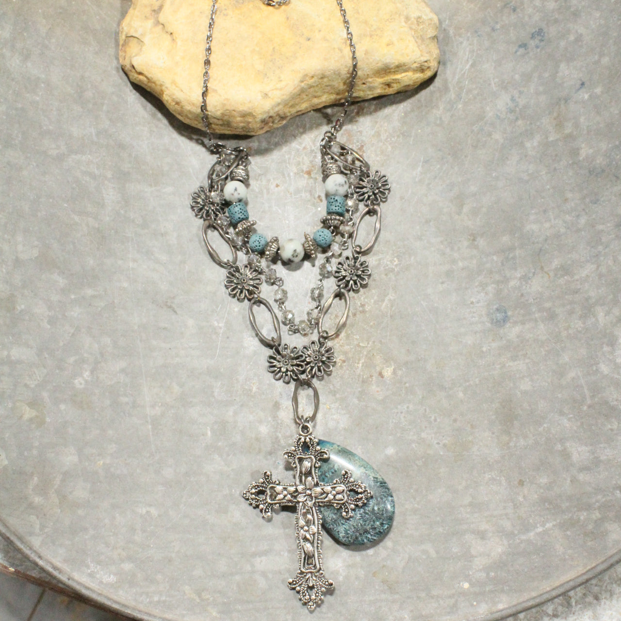 Gunmetal & Jade Stone Cross Layered Necklace