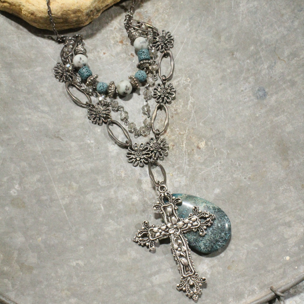 Gunmetal & Jade Stone Cross Layered Necklace