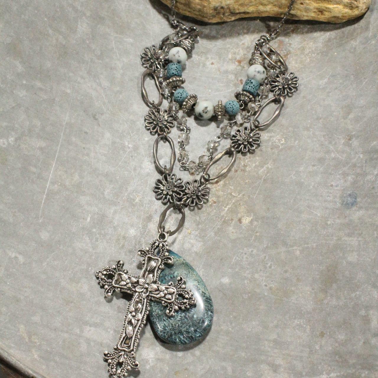 Gunmetal & Jade Stone Cross Layered Necklace