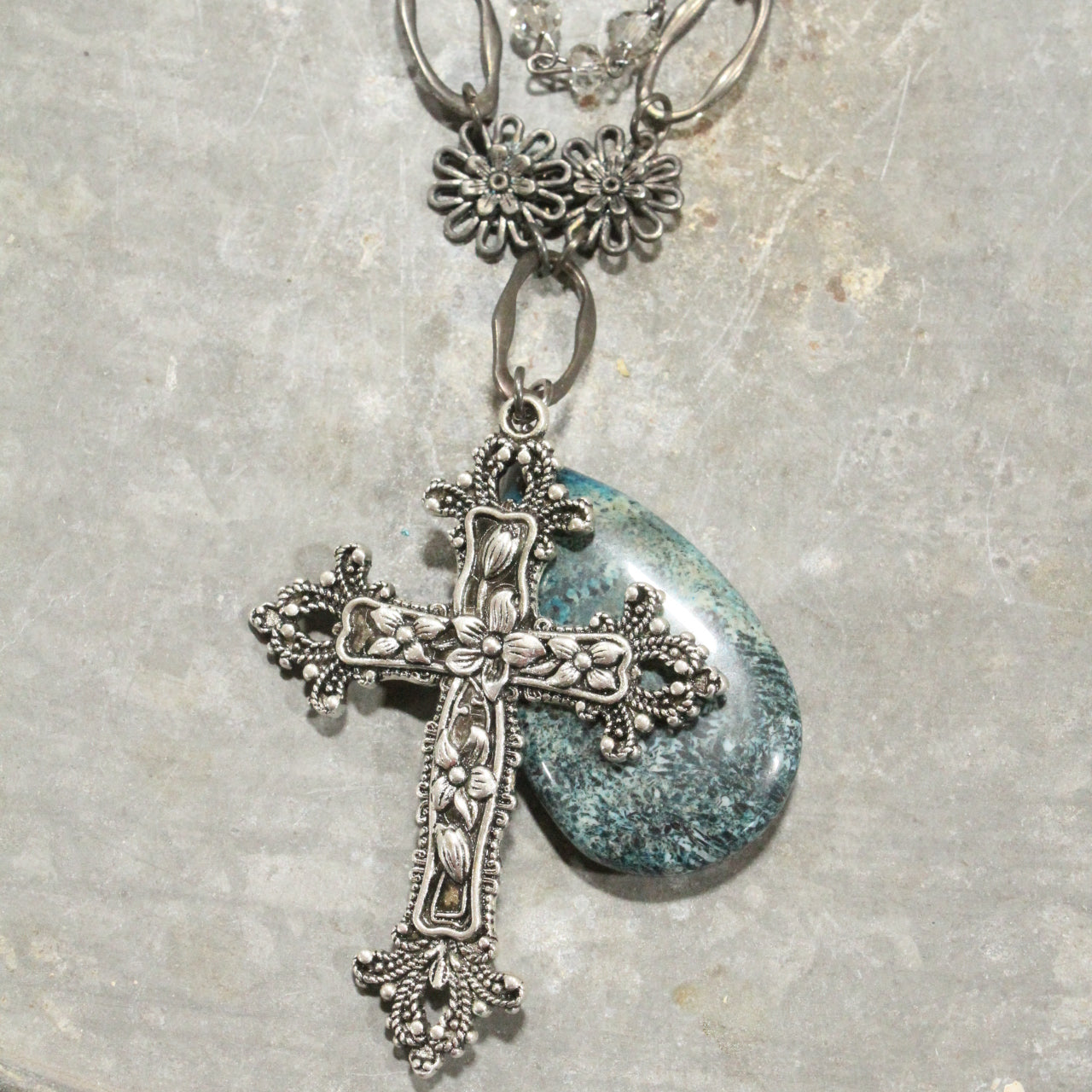 Gunmetal & Jade Stone Cross Layered Necklace