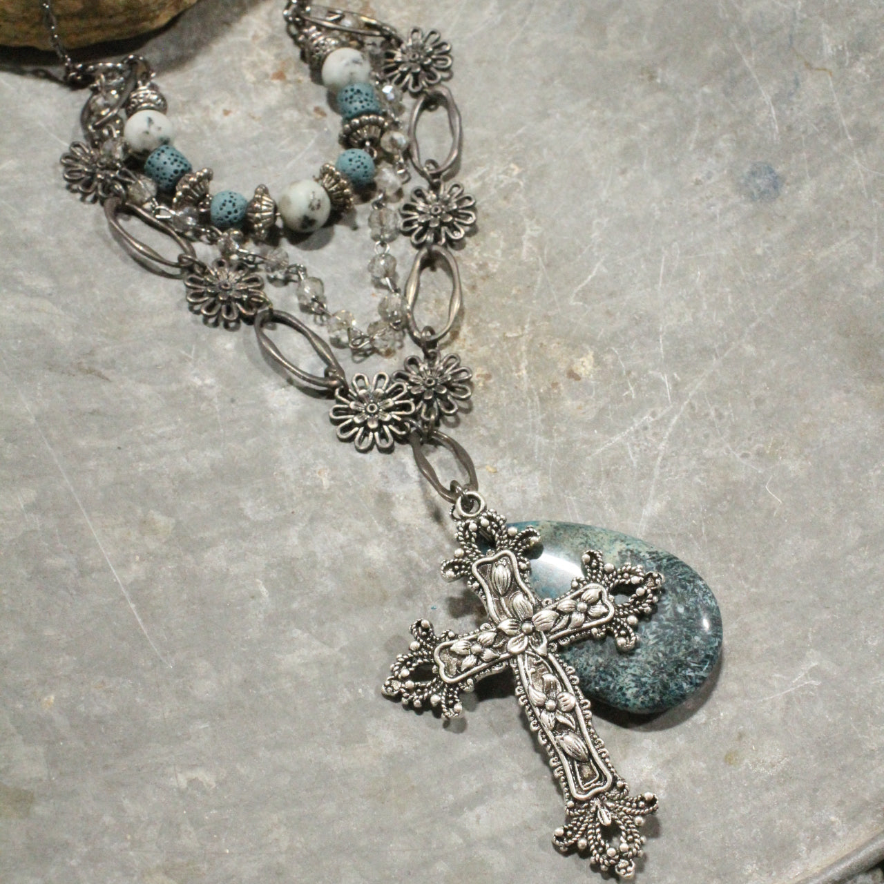 Gunmetal & Jade Stone Cross Layered Necklace