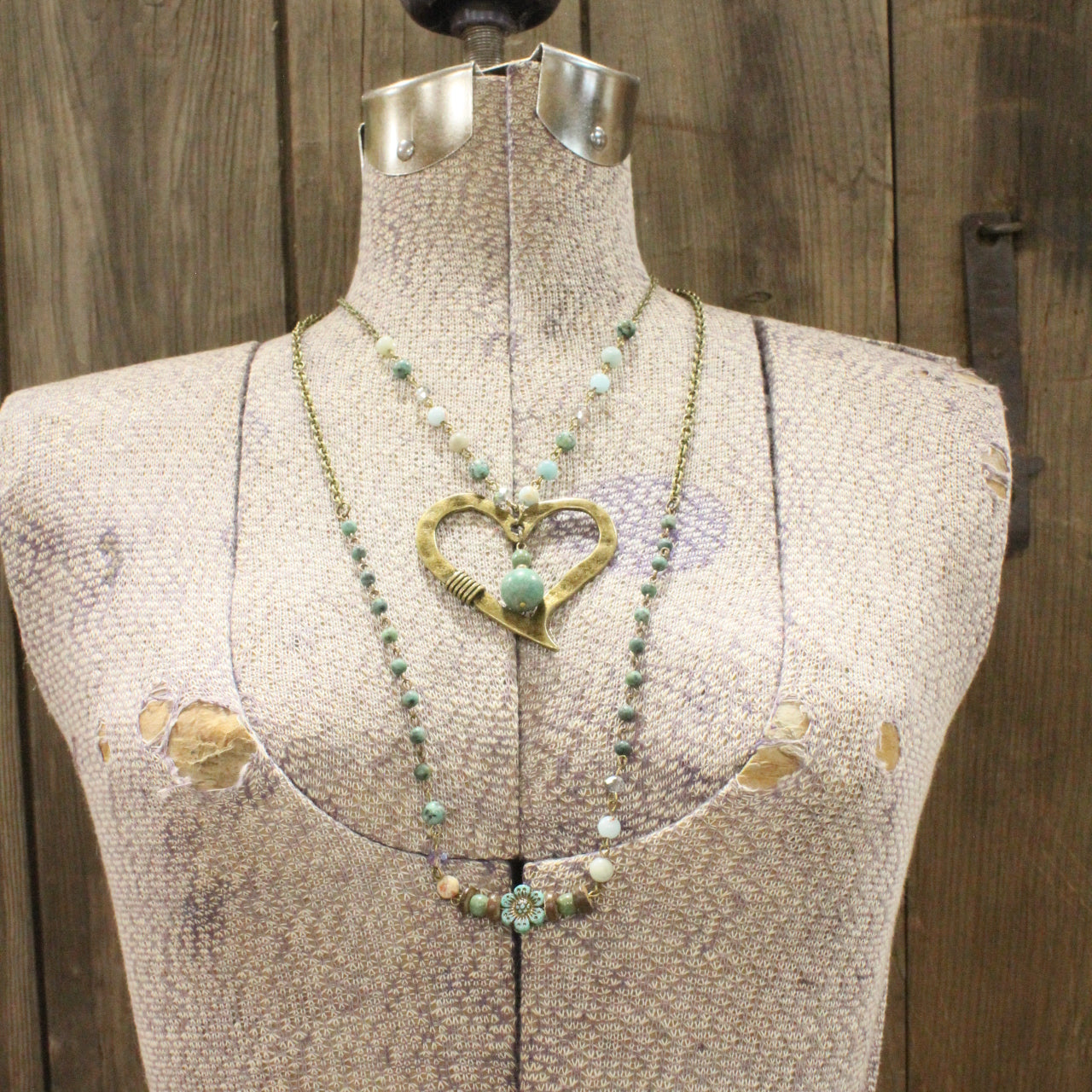 Czech & Bronze Layered Mint Heart Charm Necklace